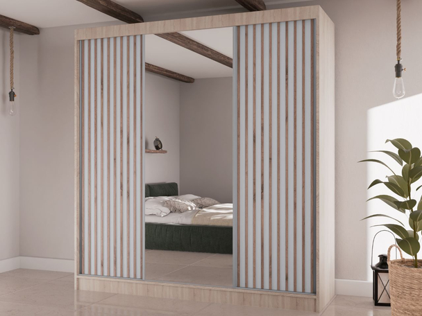 Schuifdeurkast met lamellen en spiegel 200 cm Lucena Sonoma eiken, Wit