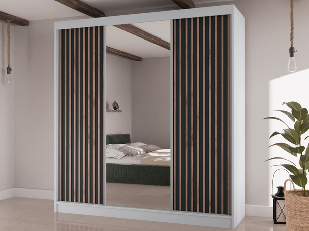 Schuifdeurkast met lamellen en spiegel 200 cm Lucena Wit, Zwart