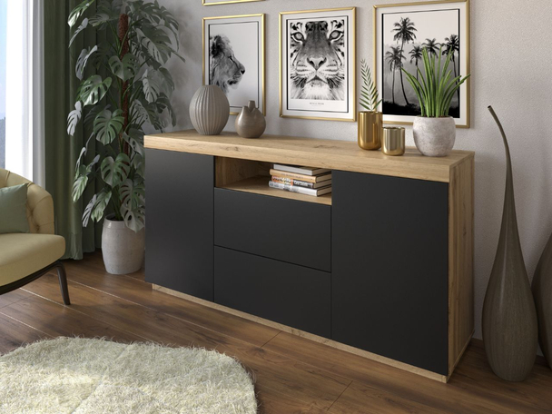 Dressoir met deuren en lades Asumi Zwart, Wotan Eik