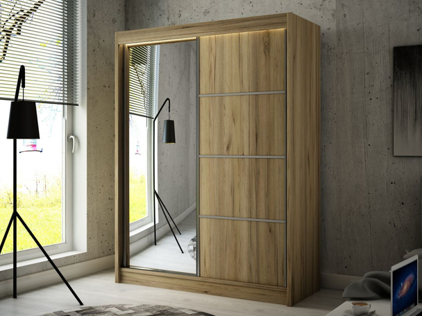 Kledingkast met schuifdeuren en Spiegel 150 cm met LED-verlichting Portel Braun met zilverkleurige sprossen