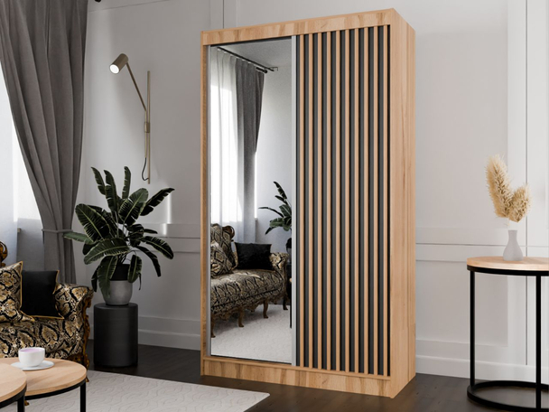 Schuifdeurkast met spiegel en lamellen 120 cm Loreto Eik Craft Goud