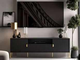 Tv-meubel met deuren en lade, gouden handgrepen Orlean Zwart mat