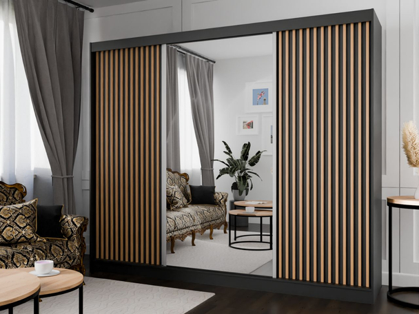 Schuifdeurkast met spiegel en lamellen 250 cm Loreto Zwart