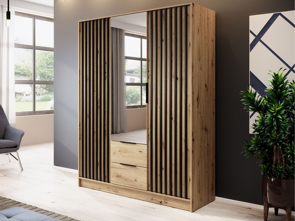 Kledingkast met lades en spiegel 155 cm Macron Artisan Eik