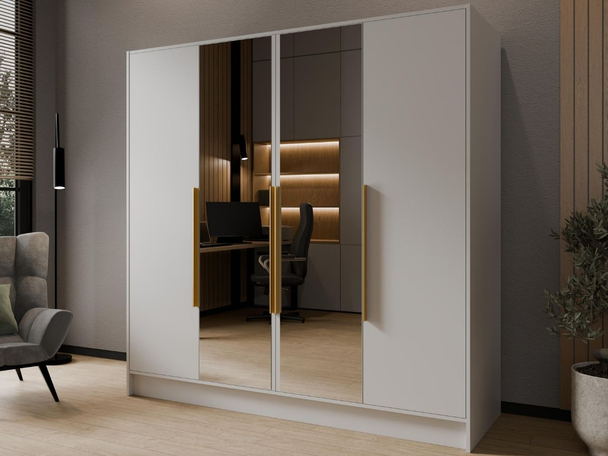 Draaideurkast met spiegel 200 cm Lucca Wit met goude handgrepen