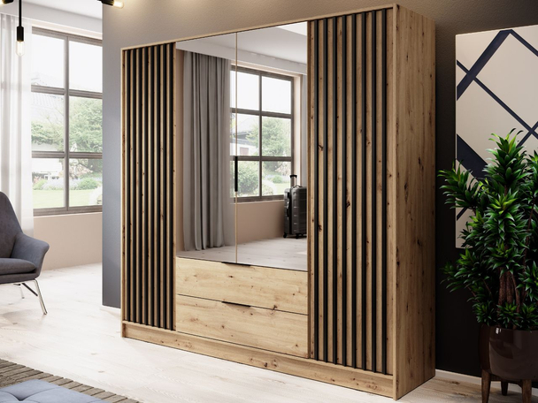 Kledingkast met lades en spiegel 206 cm Macron Artisan Eik