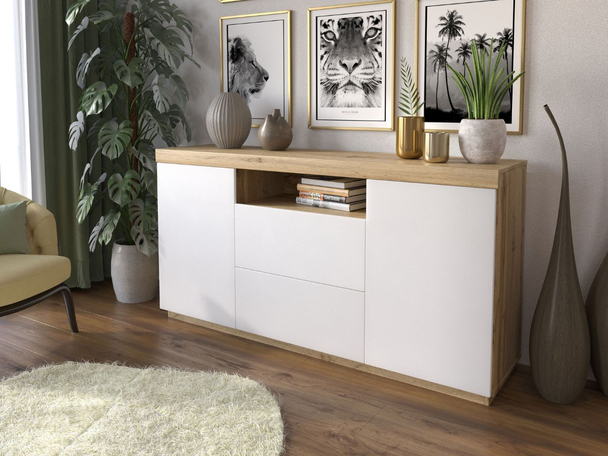 Dressoir met deuren en lades Asumi Wit, Wotan Eik