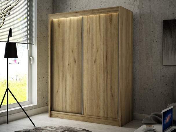 Kledingkast met schuifdeuren 150 cm met LED-verlichting Diano Eik Craft Goud