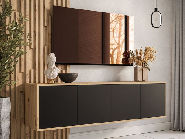 Hangend TV-Meubel met deuren Vivance Zwart, Artisan Eik