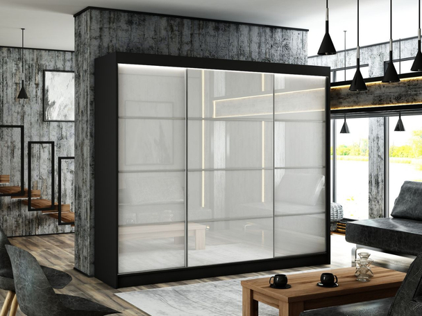 Schuifdeurkast met roedes 250 cm met LED-verlichting Ponti Wit, Zwart