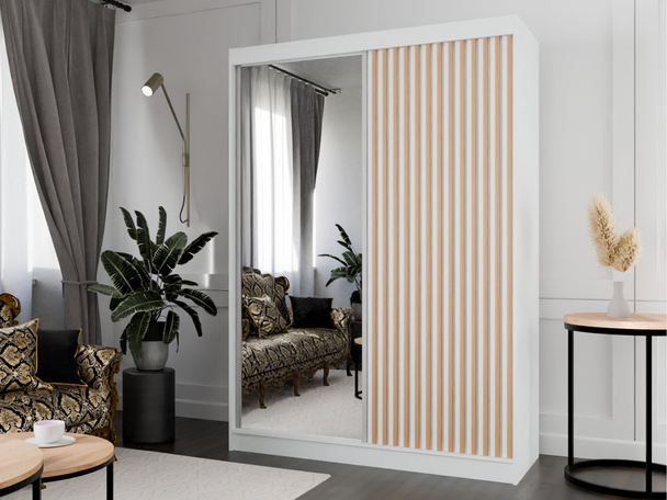 Schuifdeurkast met spiegel en lamellen 150 cm Loreto Wit