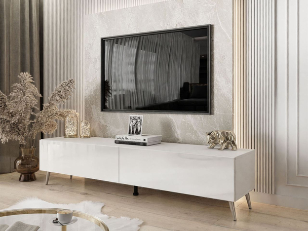 Tv-meubel met deuren op metalen poten en ledverlichting Sorelle Wit glans