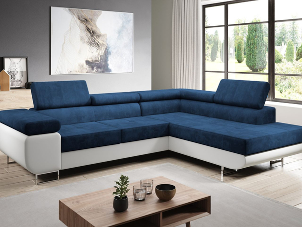 Hoekbank Rechts met Slaapfunctie en Opbergruimte Solam L Donkerblauw, Wit