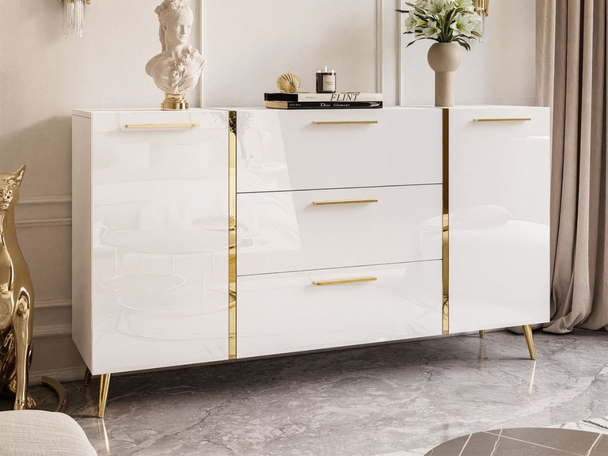 Dressoir met lades, hoge poten en handgrepen Lunelie Wit glans