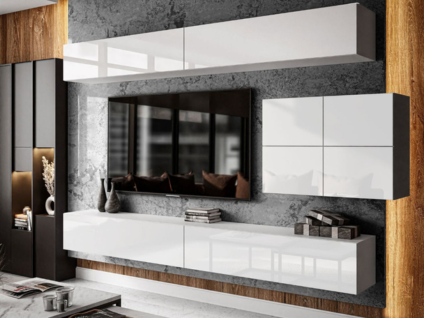 Hangende wandkast voor de woonkamer met LED-verlichting Nodoo Wit glans