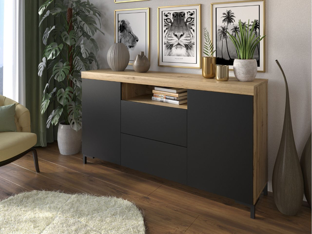Dressoir met deuren en lades Asumi Zwart, Wotan Eik