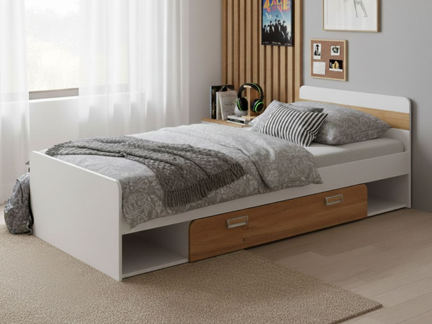 Eenpersoonsbed met lade voor tienerkamer Lindo Wit, Eiken Nash