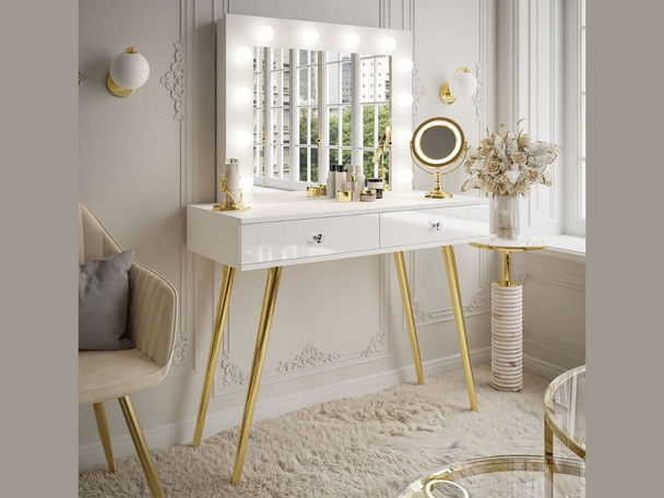 Kaptafel met lades en kristalvormige handgrepen Olivine Wit glans