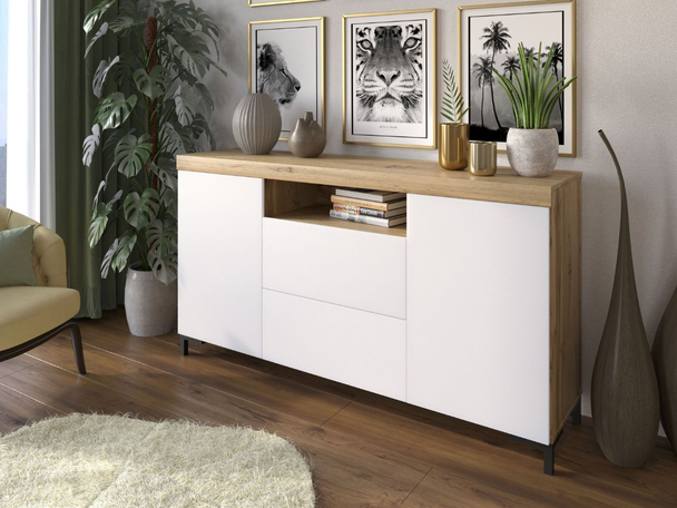 Dressoir met deuren en lades Asumi Wit, Wotan Eik