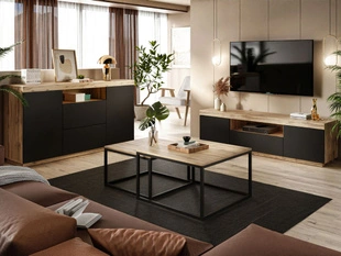 Meubelset voor de woonkamer - tv-meubel en dressoir Asumi Zwart, Wotan Eik