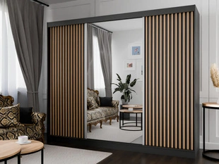 Schuifdeurkast met spiegel en lamellen 250 cm Loreto Zwart