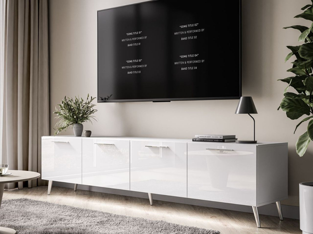 TV-meubel met deuren 200 cm en LED-verlichting Noaé Wit glans