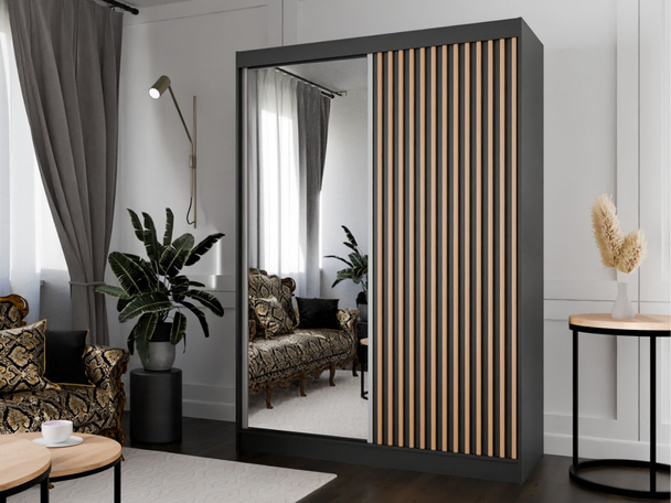 Schuifdeurkast met spiegel en lamellen 150 cm Loreto Zwart