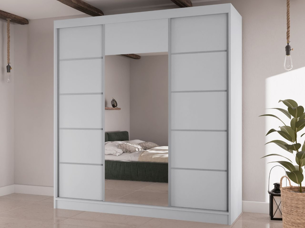 Kledingkast met schuifdeuren en Spiegel 200 cm Maia Wit eiken met Zilverkleurige sprossen