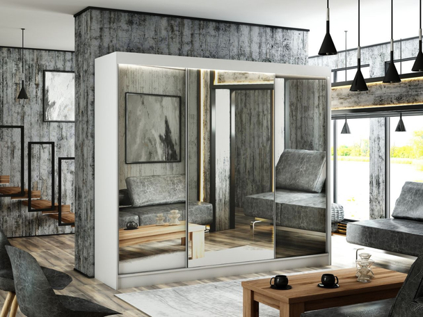 Kledingkast met schuifdeuren 250 cm mit Spiegel und LED-Beleuchtung Luzio Wit