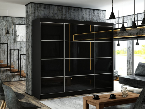 Schuifdeurkast met roedes 250 cm met LED-verlichting Ponti Zwart