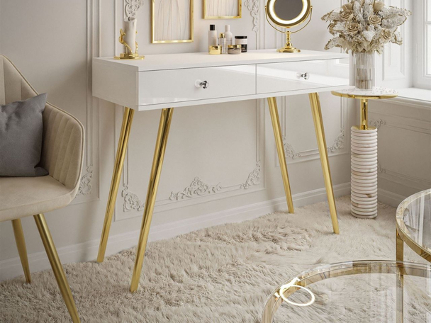 Kaptafel met lades en kristallen handgrepen Olivine Wit glans
