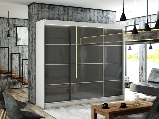 Schuifdeurkast met roedes 250 cm met LED-verlichting Ponti Grijs, Wit
