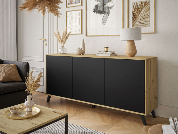 Dressoir met deuren op hoge poten Vivance Zwart, Artisan Eik