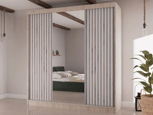 Schuifdeurkast met lamellen en spiegel 200 cm Lucena Sonoma eiken, Wit