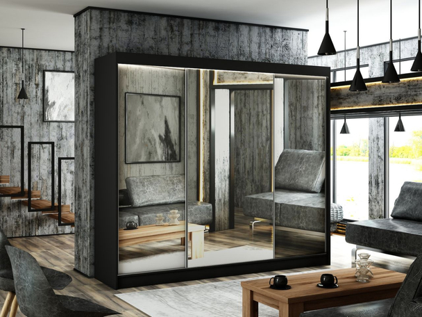 Kledingkast met schuifdeuren 250 cm mit Spiegel und LED-Beleuchtung Luzio Zwart