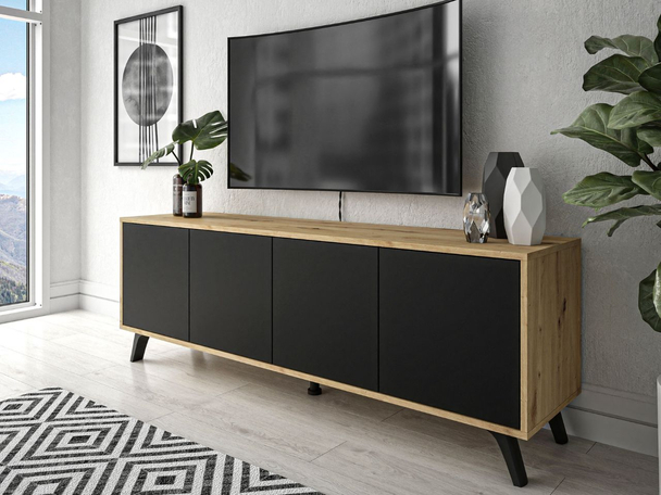 TV-Meubel met deuren op elegante poten Vivance Zwart, Artisan Eik