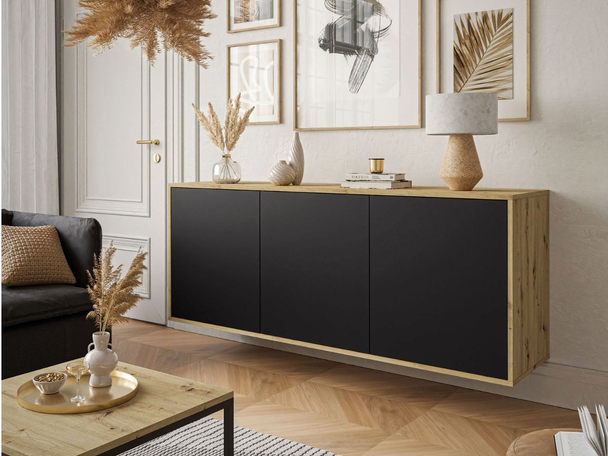 Hangende dressoir met 3 deuren Vivance Zwart, Artisan Eik