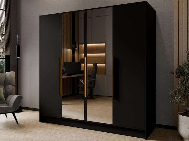 Draaideurkast met spiegel 200 cm Lucca Zwart met goude handgrepen