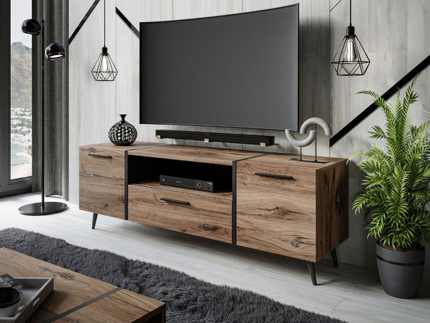Tv-meubel met deuren, lades en handgrepen Lunelie Flagstaff Eik