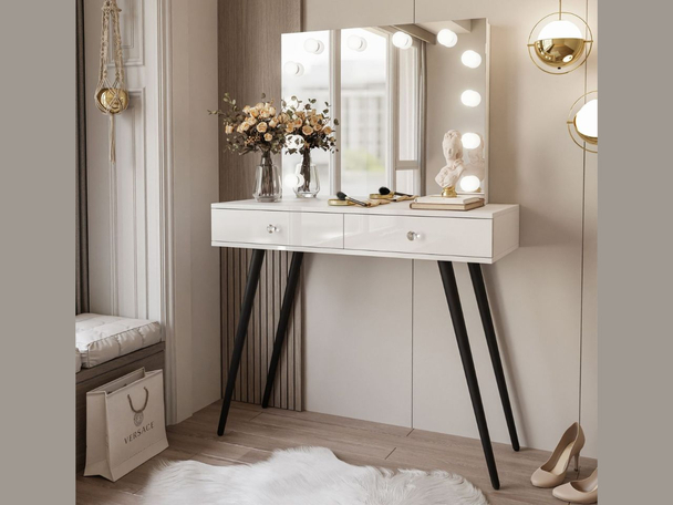Kaptafel op hoge zwarte poten in een glamoureuze stijl Olivine Elite Wit glans