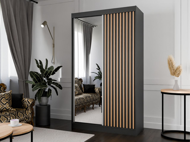 Schuifdeurkast met spiegel en lamellen 120 cm Loreto Zwart