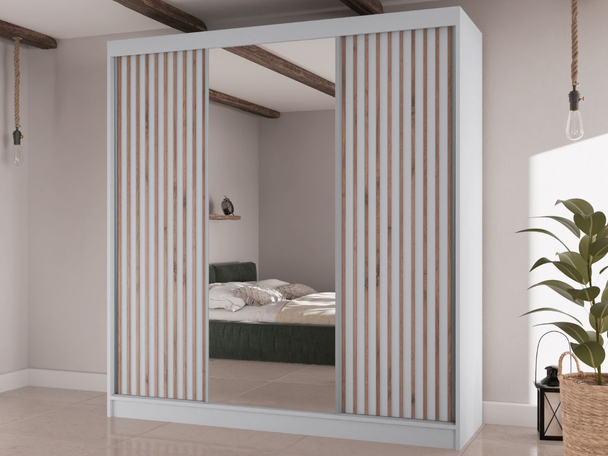 Schuifdeurkast met lamellen en spiegel 200 cm Lucena Wit
