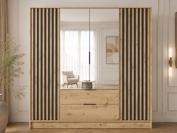 Kledingkast met lades en spiegel 206 cm Macron Artisan Eik