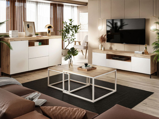 Meubelset voor de woonkamer in loftstijl Asumi Wit, Wotan Eik