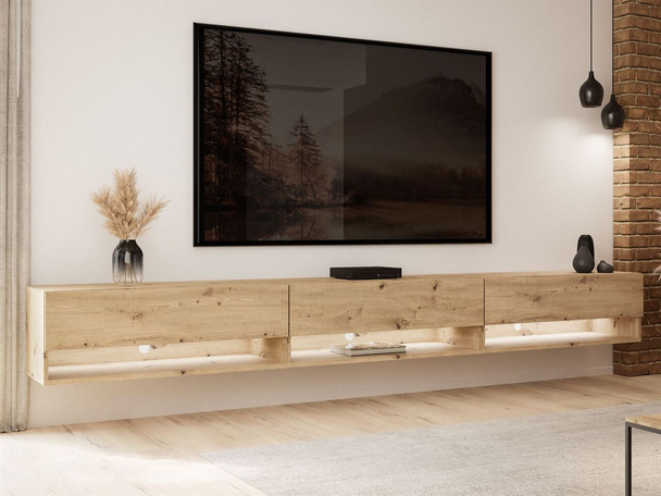 TV-wandmeubel 270 cm voor de woonkamer met ledverlichting Aurelie Artisan Eik