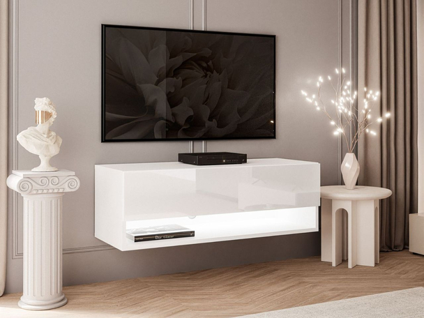 TV-wandmeubel 90 cm voor de woonkamer met ledverlichting Aurelie Wit glans