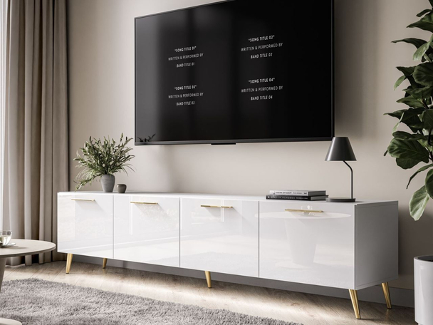 TV-meubel met deuren 200 cm en LED-verlichting Noaé Wit glans