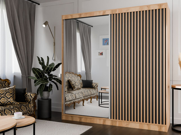 Schuifdeurkast met spiegel en lamellen 200 cm Loreto Eik Craft Goud