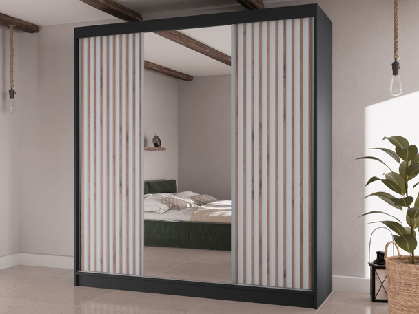 Schuifdeurkast met lamellen en spiegel 200 cm Lucena Zwart, Wit