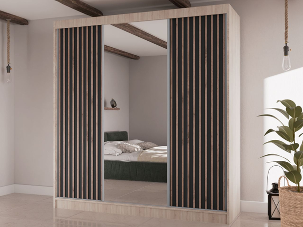 Schuifdeurkast met lamellen en spiegel 200 cm Lucena Sonoma eiken, Zwart